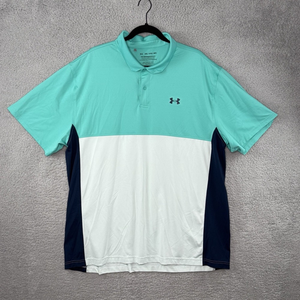 Under Armour Performance Polo Shirt Mens 3XL Blue Green Colorblock Short Sleeve